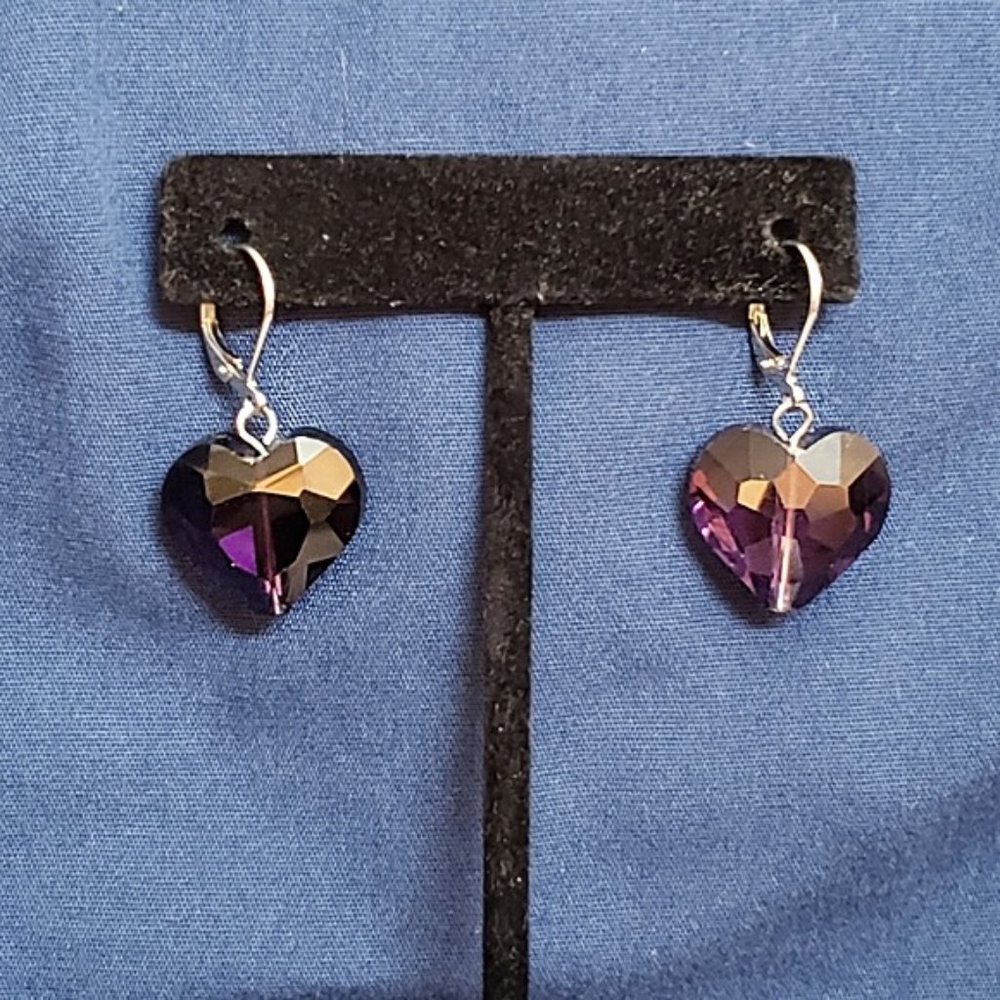 Multifaceted Purple Heart Shaped Crystal Earrings